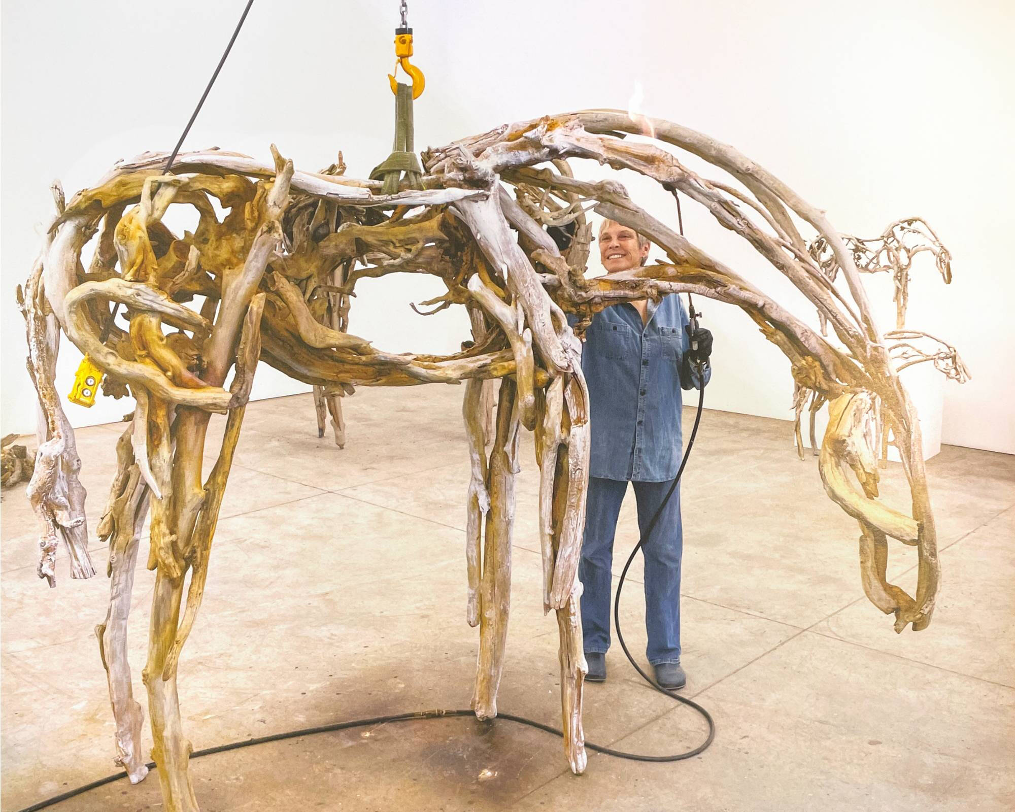 Deborah Butterfield in her studio with a wood horse
